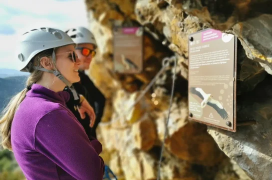 Lehrtafeln zum Thema Vögel auf der Route des neunstündigen Felsklettersteigs